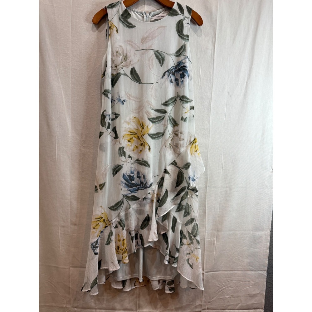 Calvin Klein Floral High-Low Ruffle Chiffon Midi Dress White Blue Yellow Size 8 - Picture 5 of 11